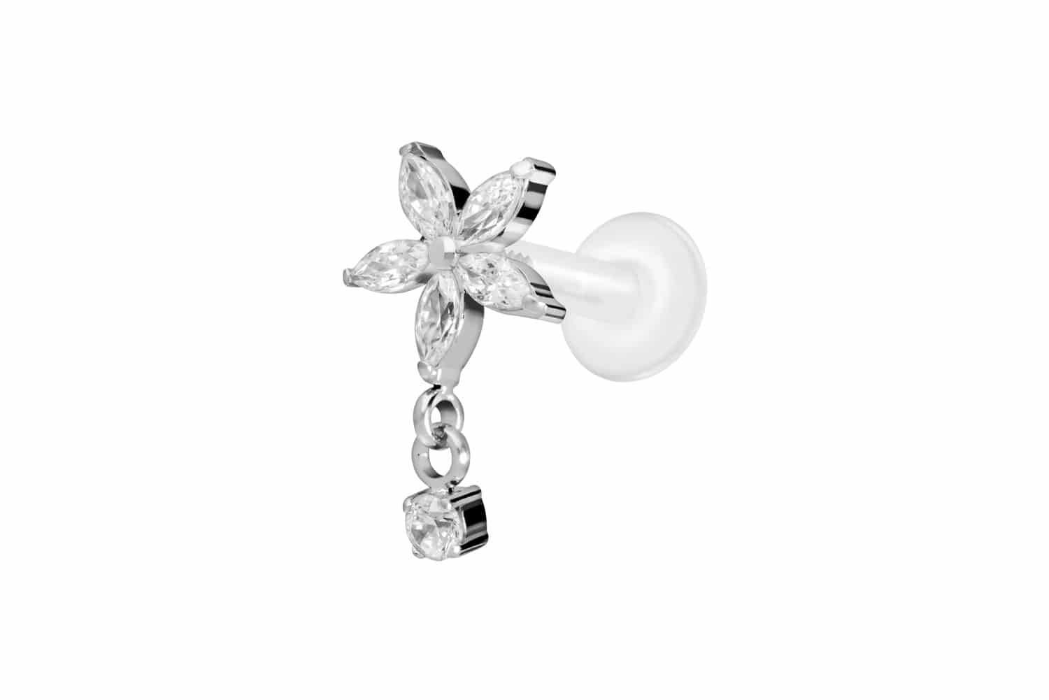 PTFE Labret Piercing mit Innengewinde + Titan-Aufsatz KRISTALLBLUME + KRISTALL